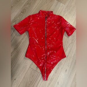Red Patent Zip-Front Bodysuit